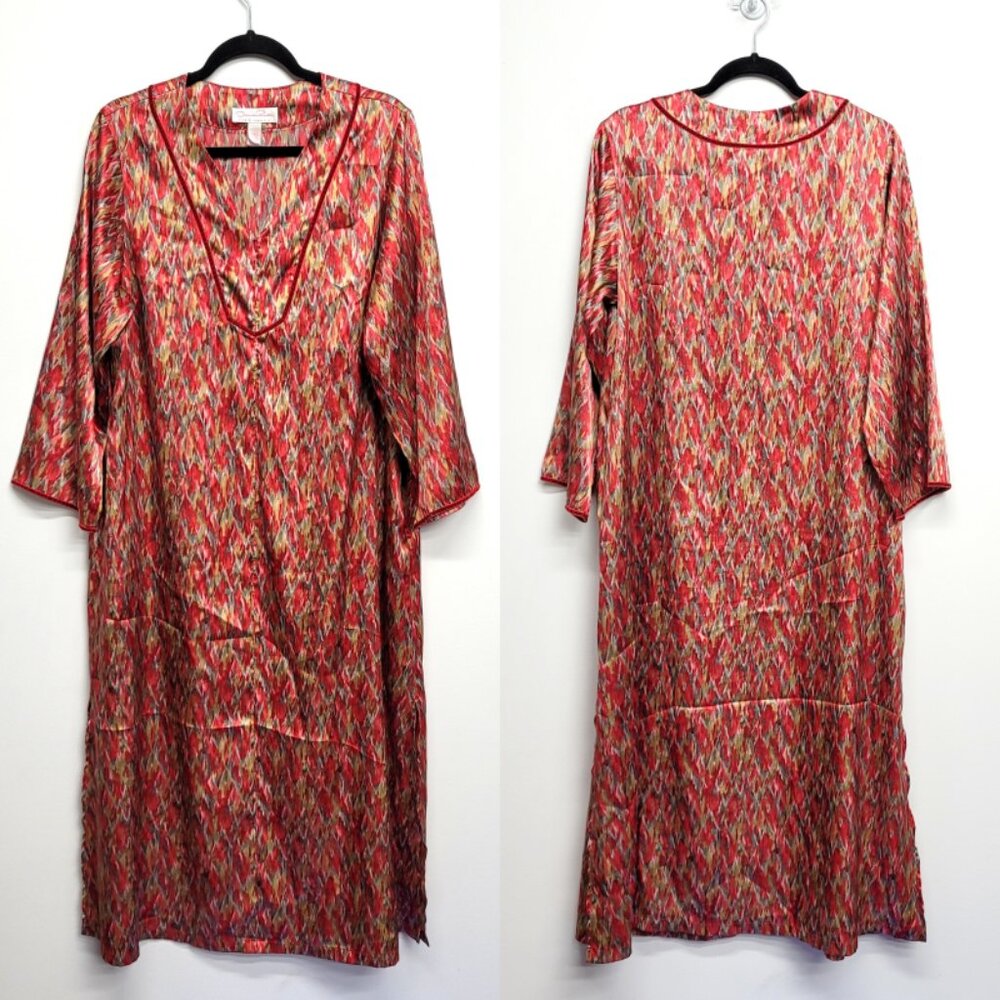 Oscar de la Renta Pink Label Velvet Trim Satin Kaftan Housedress Nightgown M